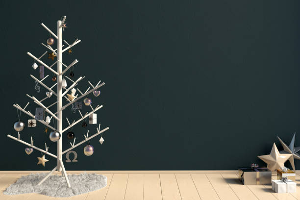 istock Modern minimalistic Christmas interior, Scandinavian style. 3D illustration. wall mock up 885875558