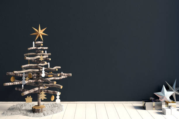 istock Modern minimalistic Christmas interior, Scandinavian style. 3D illustration. wall mock up 885875576