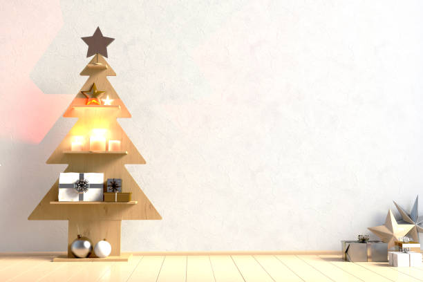 istock Modern minimalistic Christmas interior, Scandinavian style. 3D illustration. wall mock up 885875578