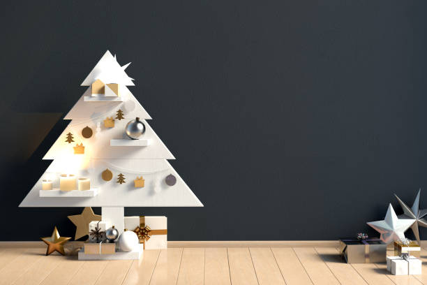 istock Modern minimalistic Christmas interior, Scandinavian style. 3D illustration. wall mock up 885875586