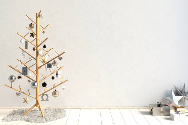istock Modern minimalistic Christmas interior, Scandinavian style. 3D illustration. wall mock up 885875590