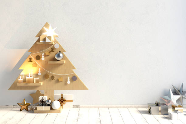istock Modern minimalistic Christmas interior, Scandinavian style. 3D illustration. wall mock up 885875608
