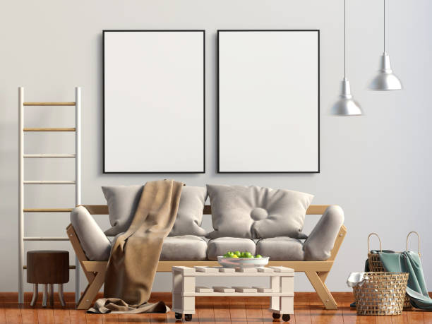 istock Modern interior with sofa. Poster mock up. 3d illustration. 885877282