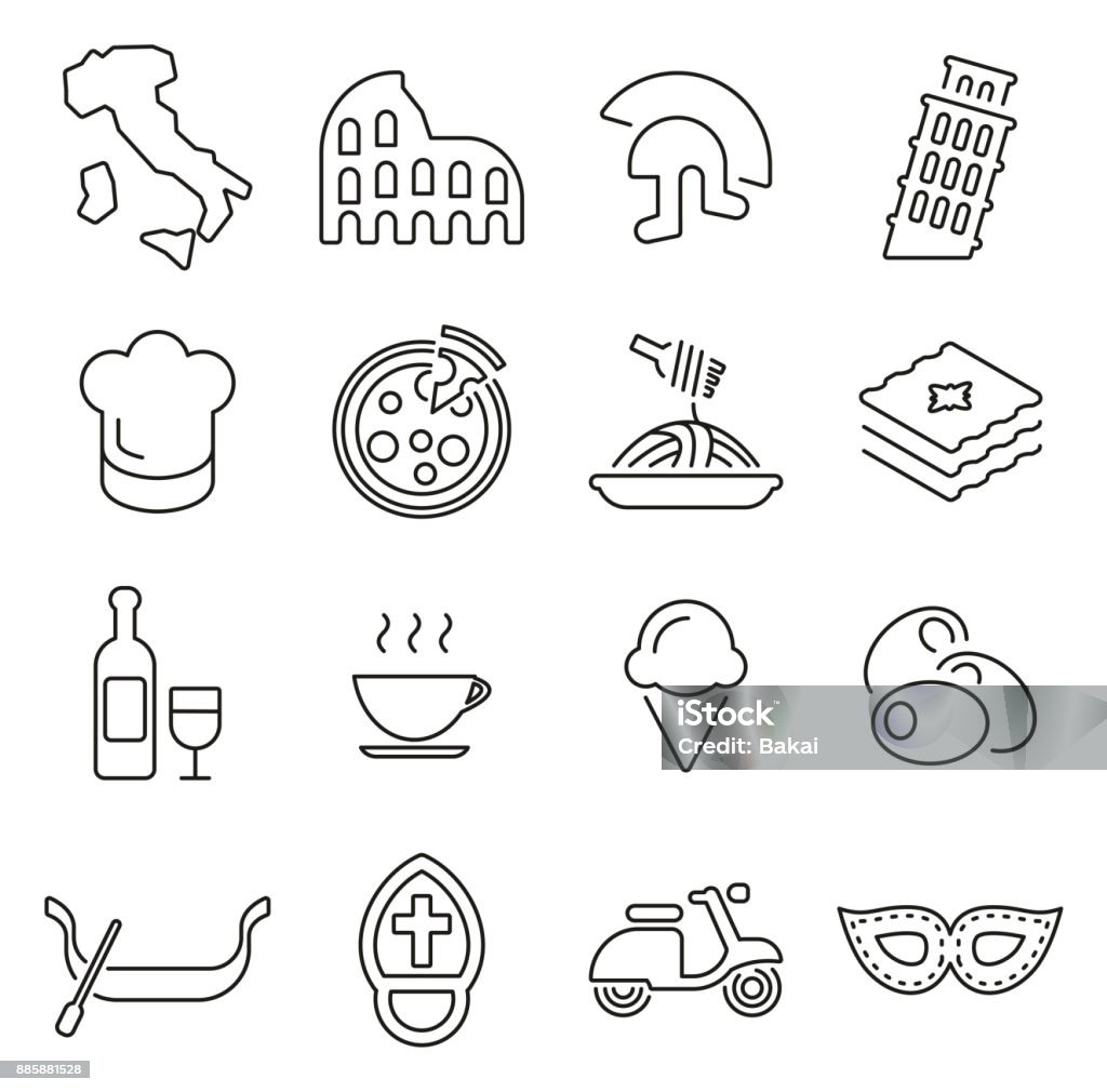 Italy Country & Culture Icons Thin Line Vector Illustration Set This image is a vector illustration and can be scaled to any size without loss of resolution. Icon Symbol stock vector