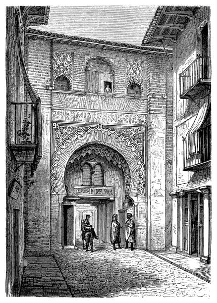 Moorish barracks gate in Granada Illustration of a Moorish barracks gate in Granada granada stock illustrations