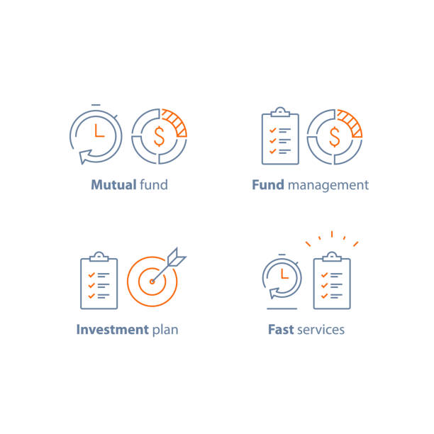 Investment strategy, finance solution, business plan, project management, financial summary, brief report, fast service Time is money, mutual fund, term and conditions, investment strategy, finance solution, business plan, project management, financial summary, brief report, fast service, vector line icon thin stroke short length stock illustrations