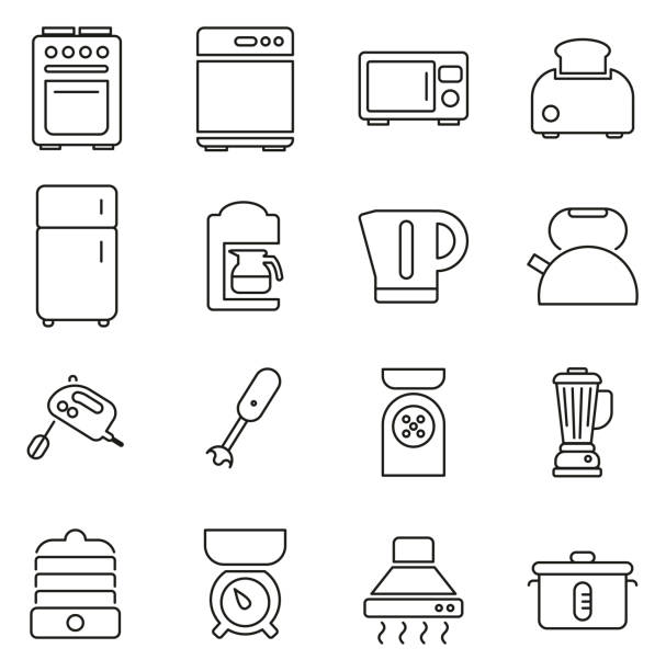 ilustraciones, imágenes clip art, dibujos animados e iconos de stock de cocina electrodomésticos iconos delgada línea vector ilustración conjunto - hot drink audio