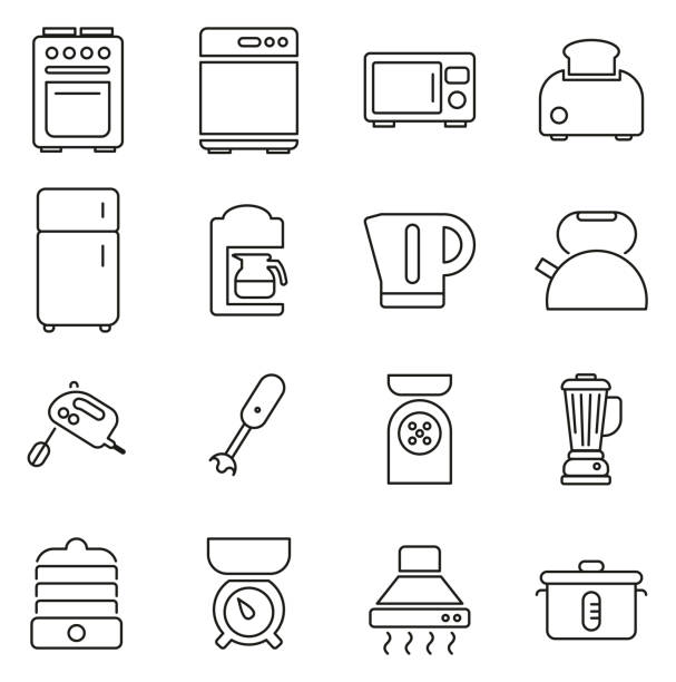 ilustrações de stock, clip art, desenhos animados e ícones de kitchen appliances icons thin line vector illustration set - toaster
