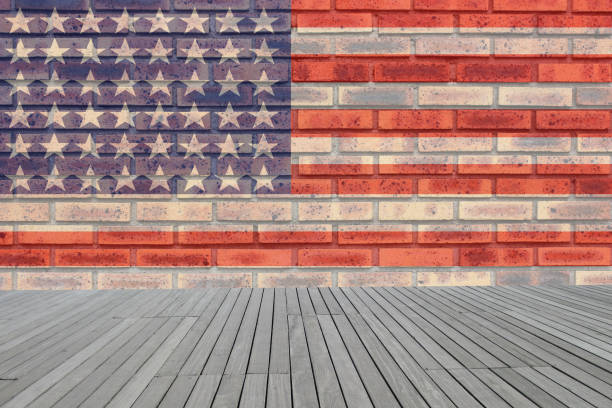 Brick wall Backdrop the American flag Wooden deck