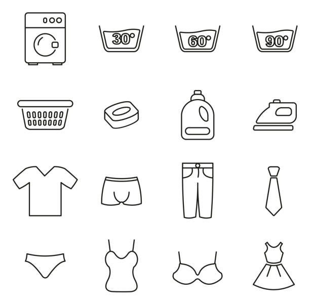 pranie lub pranie ubrania ikony thin line vector ilustracja set - underwear men t shirt white stock illustrations
