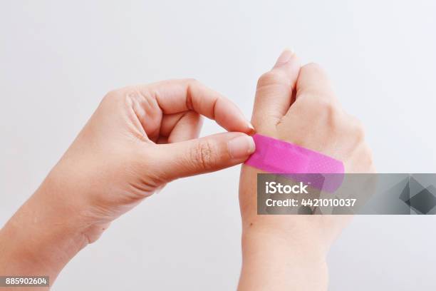 Woman Hand With Adhesive Tape Stock Photo - Download Image Now - Adhesive Bandage, Applying, Adhesive Tape