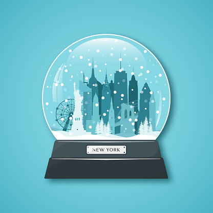 New York City snow globe. Merry Christmas. Vector illustration.