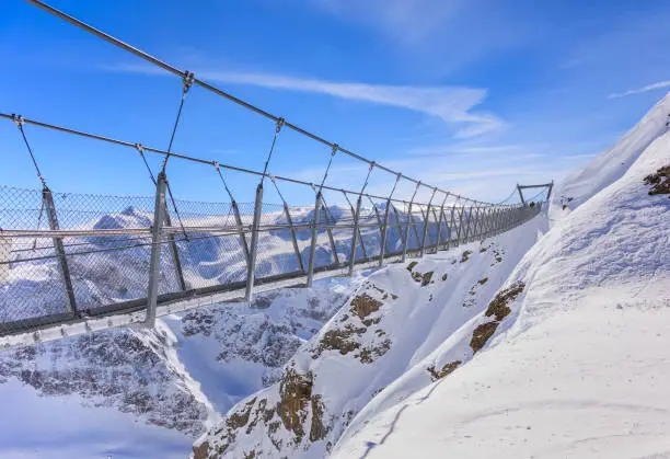 The Titlis Cliff Walk suspension bridge. The Titlis Cliff Walk is a pedestrian suspension bridge along the cliff of Mount Titlis in the Swiss Alps. Built at around 3000 m above sea level, it is considered to be the highest suspension bridge in Europe.