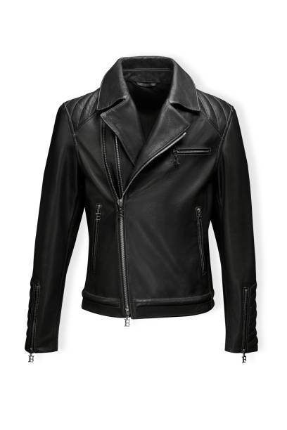 Classic black leather bikers' jacket with lining shot from the front and the back isolated on white Classic black leather bikers' jacket with lining shot from the front and the back isolated on white. Motorcycle style coat jacket winter isolated stock pictures, royalty-free photos & images