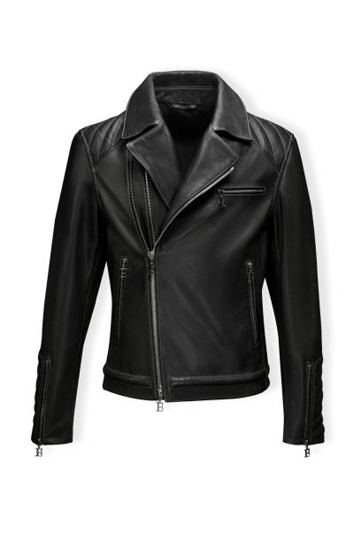 classic black leather bikers' jacket with lining shot from the front and the back isolated on white - casaco de couro imagens e fotografias de stock