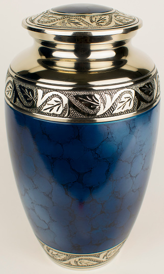 Beautiful High Quality Brass Cremation Ashes Funeral Urn in Blue Clouds and Silver Design