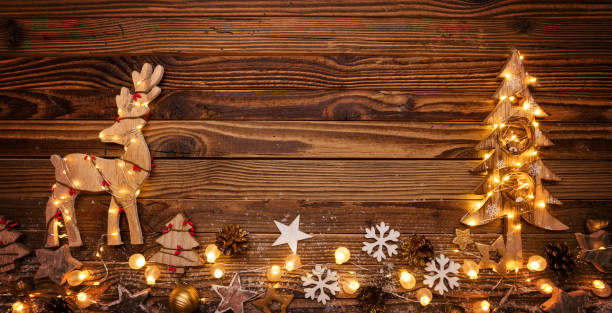 istock Christmas background with wooden decorations,moose and tree 885937538