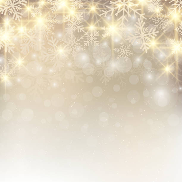 świąteczne tło ze śniegiem i płatkami śniegu błyszczy na złotym tle dla tekstu. - winter backgrounds focus on foreground white stock illustrations