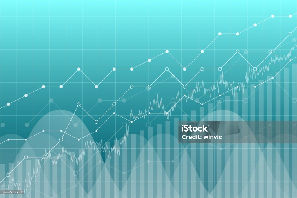 Tabla de gráfico de datos financieros, ilustración vectorial. Líneas de tendencia, columnas, Fondo de información de economía de mercado. Concepto económico del análisis gráfico. - arte vectorial de Fondos libre de derechos