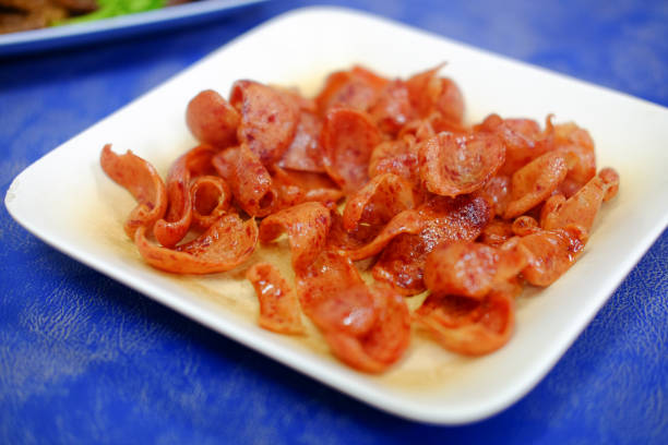 istock Chinese fried sausage on white dish, Thai food 885956442