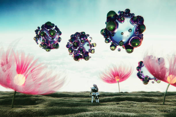 istock Fantasy paradise with cyborg couple 885956736