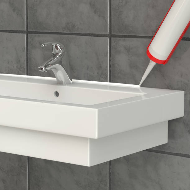 Visualization. The sealant is applied to the washbasin Visualization. The sealant is applied to the washbasin. 3D rendering bathroom designer shower house stock pictures, royalty-free photos & images