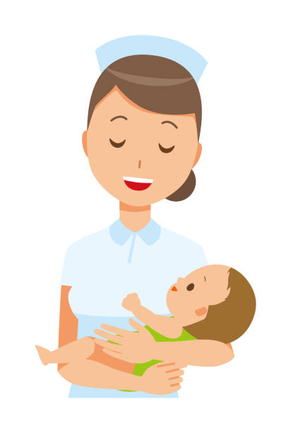A woman nurse wearing a nurse hat and white coat hugs a baby A woman nurse wearing a nurse hat and white coat hugs a baby hospital humor cartoon stock illustrations