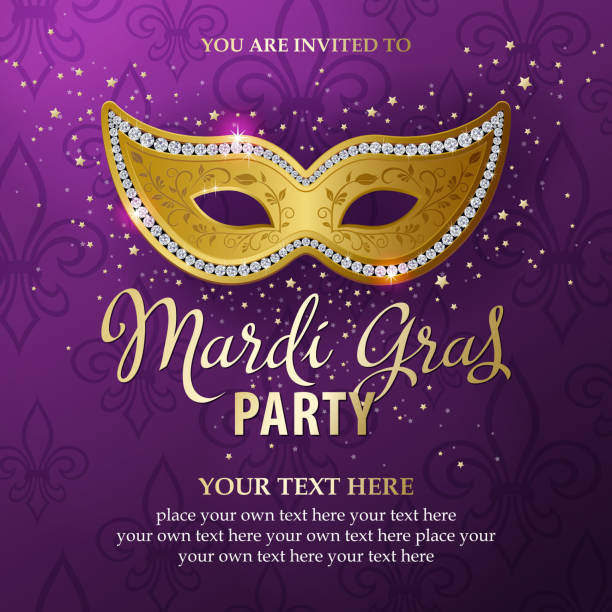 An invitation to the Mardi Gras Masquerade Party with shiny mask on the deep  colored background
