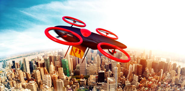 istock Drone with package is flying over smart city and gets ready to deliver shipment 885968090
