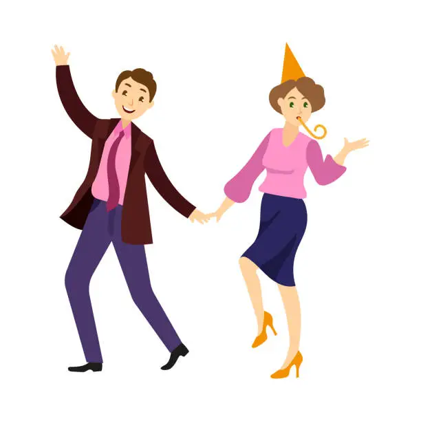 Vector illustration of vector flat office worker man, woman at party