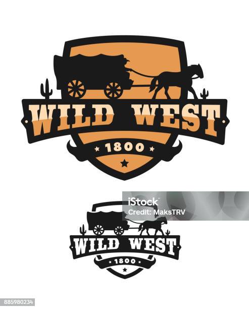 Old Wild West Of Emblem Vector Illustration Stock Illustration - Download Image Now - Wild West, Covered Wagon, Logo