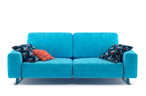 Digitally generated bleu cushion sofa with three pillows (Winter Holidays themed) isolated on white background.