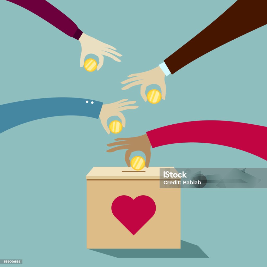 Hands puting coins into donation box: Donate money charity concept Currency stock vector