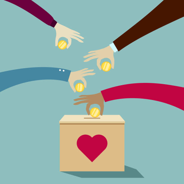 Hands puting coins into donation box: Donate money charity concept Hands puting coins into donation box: Donate money charity concept charitable donation illustrations stock illustrations