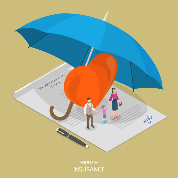 Health insurance flat isometric vector concept Health insurance flat isometric vector concept. People are standing on the signed health insurance policy, near them are a big heart symbol and all those elements are covered by the big umbrella. emergency plan document stock illustrations