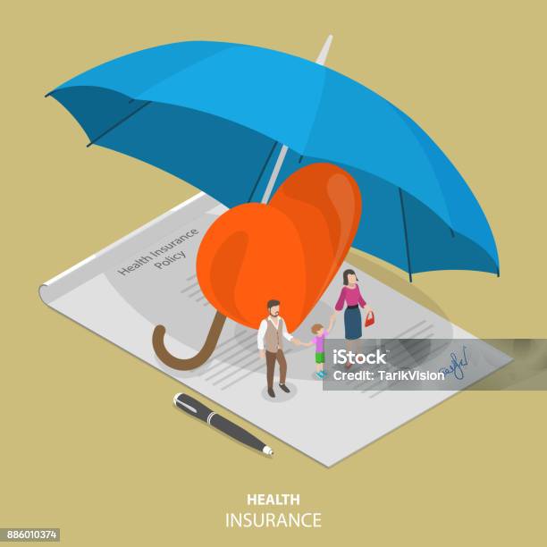 Health Insurance Flat Isometric Vector Concept Stock Illustration - Download Image Now - Insurance, Umbrella, Isometric Projection