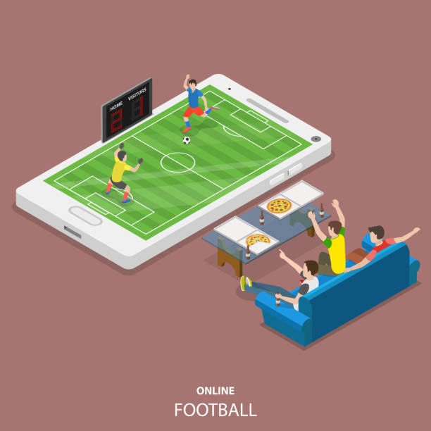 ilustraciones, imágenes clip art, dibujos animados e iconos de stock de plano isométrico de fútbol online vector concepto - match sport leisure games sport apps