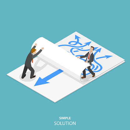 Simple solution flat isometric vector concept. Two man are taking away a paper sheet with many curved arrows to different directions on it to clear a new sheet that contains just one solid straight arrow.