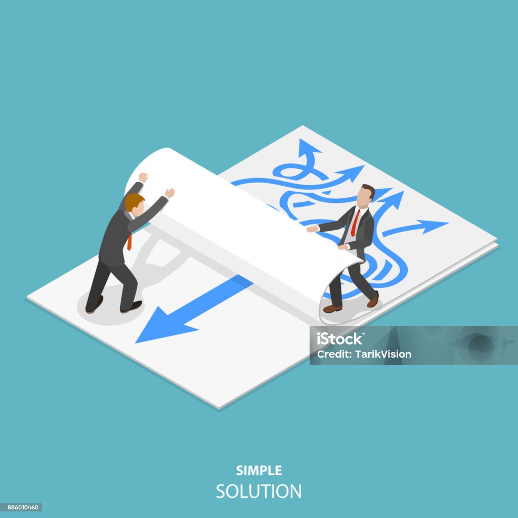 Simple solution flat isometric vector concept. Simple solution flat isometric vector concept. Two man are taking away a paper sheet with many curved arrows to different directions on it to clear a new sheet that contains just one solid straight arrow. Simplicity stock vector