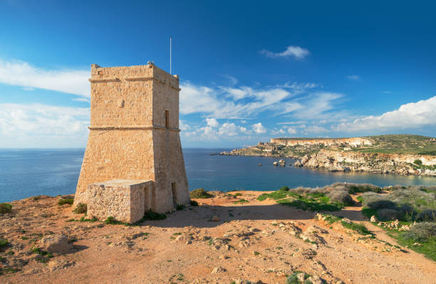 ghajn tuffieha tower, malta - golden bay stock-fotos und bilder