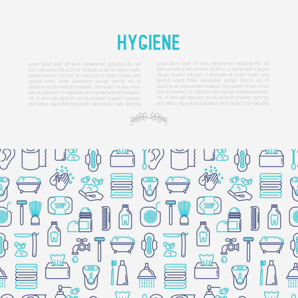 Hygiene concept with thin line icons: hand soap, shower, bathtub, toothpaste, razor, shaving brush, sanitary napkin, comb, ball deodorant, mouth rinse. Vector illustration for banner, web page, print media. Hygiene concept with thin line icons: hand soap, shower, bathtub, toothpaste, razor, shaving brush, sanitary napkin, comb, ball deodorant, mouth rinse. Vector illustration for banner, web page, print media. kissing on the mouth stock illustrations
