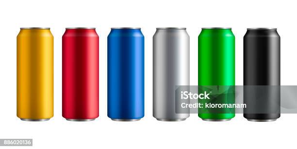 Set Of Six Different Colored Insulated Aluminum Cans With A Drink Stock Illustration - Download Image Now