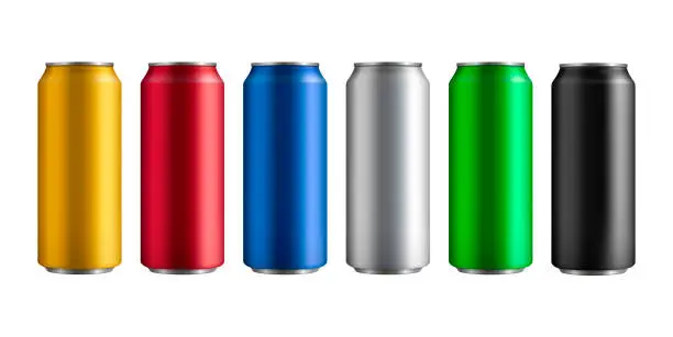Vector illustration of set of six different colored insulated aluminum cans with a drink