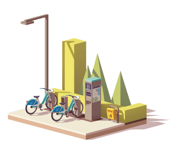ilustrações, clipart, desenhos animados e ícones de bicicleta de baixo poli vetor sistema de partilha - bikeshare