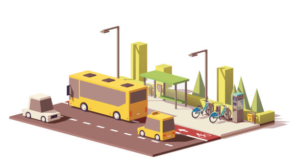 illustrations, cliparts, dessins animés et icônes de transports publics modernes de vecteur low poly - location vélo