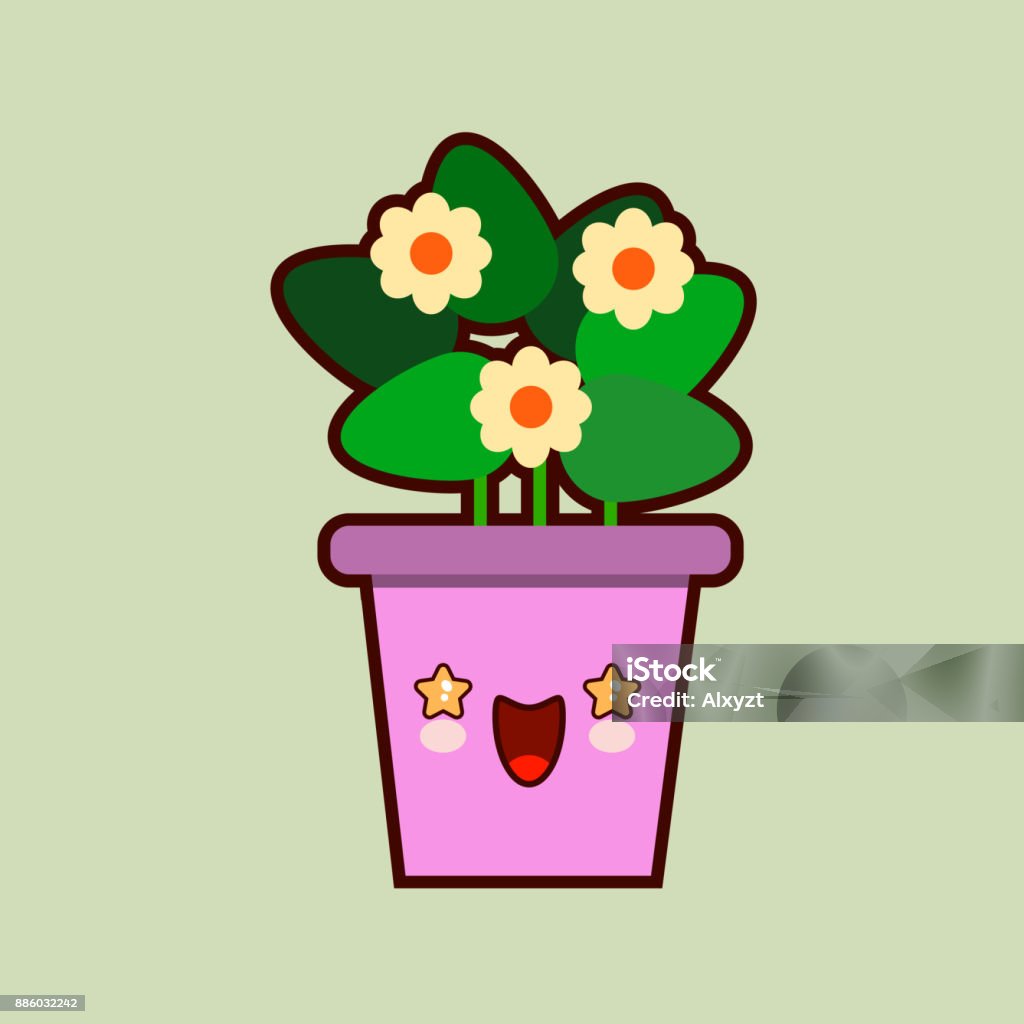 Cute Cartoon Flower Icon With Funny Face In Pot Kawaii Plant Character Flat  Design Vector Stock Illustration - Download Image Now - iStock