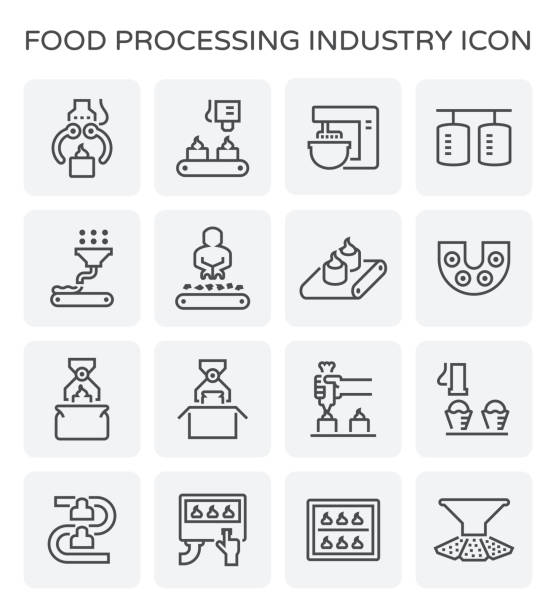 food processing icon Food processing industry and production line icon. food processing plant stock illustrations