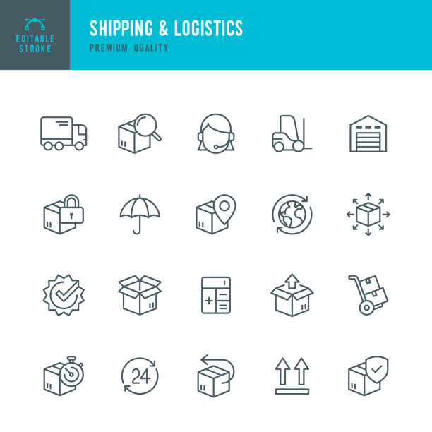 ilustraciones, imágenes clip art, dibujos animados e iconos de stock de transporte y logística - conjunto de iconos de vector de línea delgada - transporte marítimo