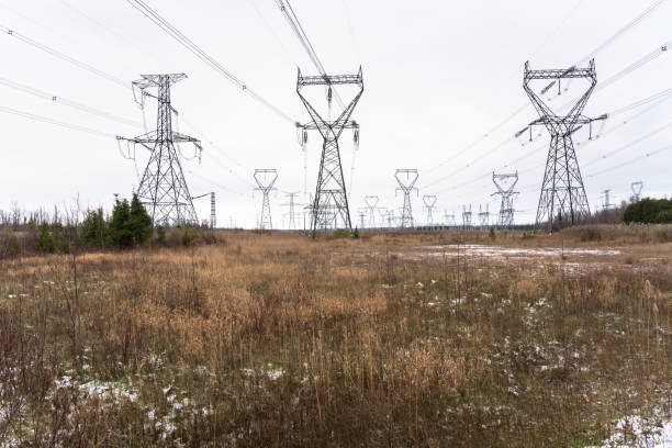 Photo of Electricity Pylons and High Voltage Wires across the Countryside of Ontario, Canada, on a Cloudy Winter Day