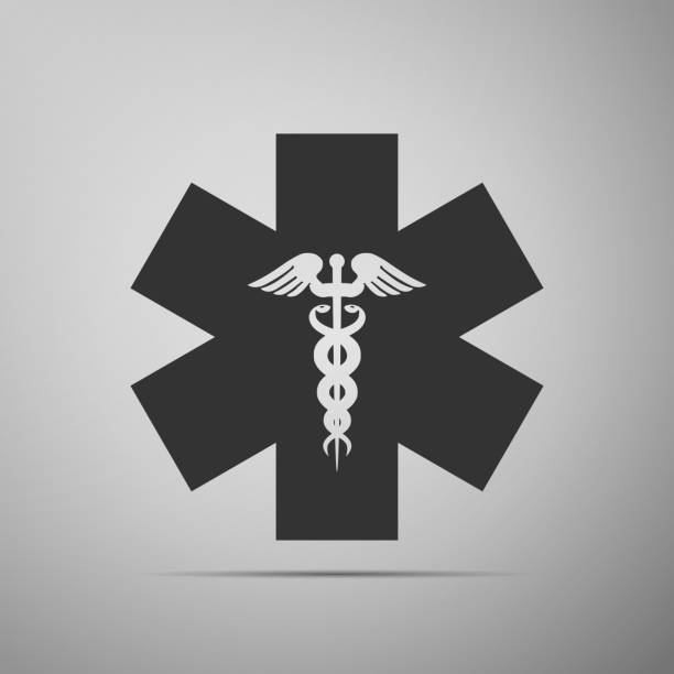 ilustrações de stock, clip art, desenhos animados e ícones de emergency star - medical symbol caduceus snake with stick icon isolated on grey background. star of life. flat design. vector illustration - pharmacy symbol surgery computer icon